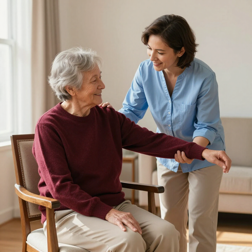 Caregiver helping a senior get dressed