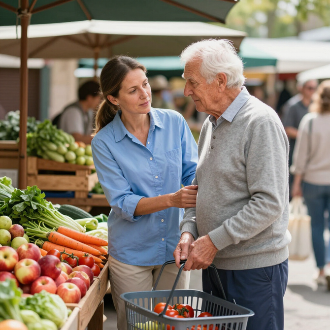 Caregiver and senior shopping for produce