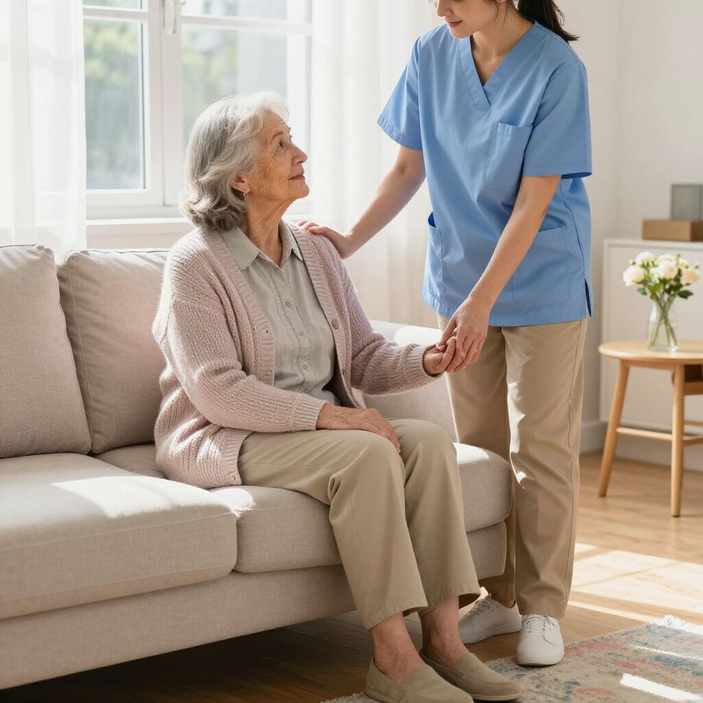 Caregiver and senior man sitting together on a porch