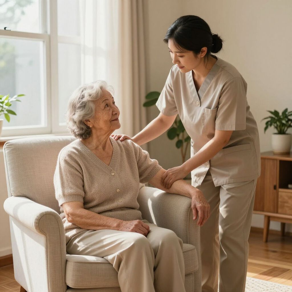 Caregiver comforting a smiling senior woman