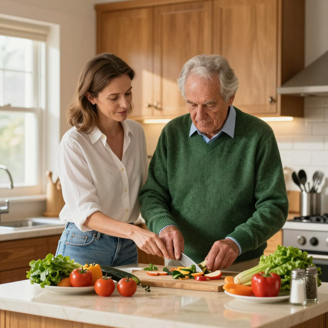 Caregiver preparing a meal with a senior in the kitchen