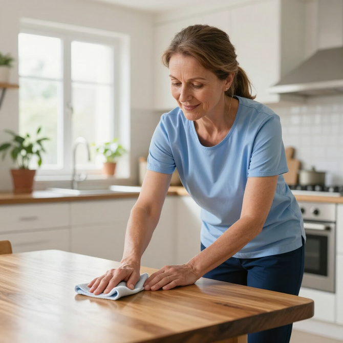 Caregiver tidying a kitchen