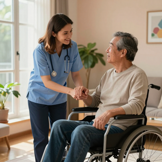 Caregiver helping a senior man stand