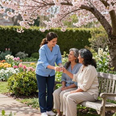 Caregiver and senior in a spring garden