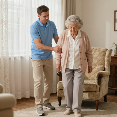 Caregiver helping a senior transfer safely