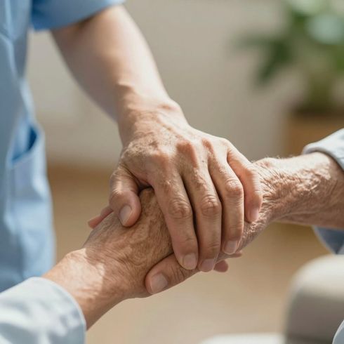 Caregiver holding a senior's hands, close-up