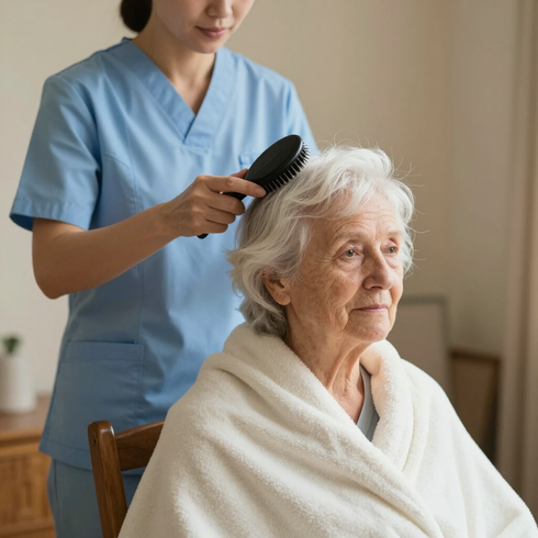 Caregiver grooming a senior's hair