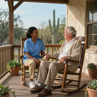 Caregiver handing a glass of water to a seated senior woman at home