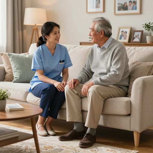 Caregiver chatting with a senior man on a sofa