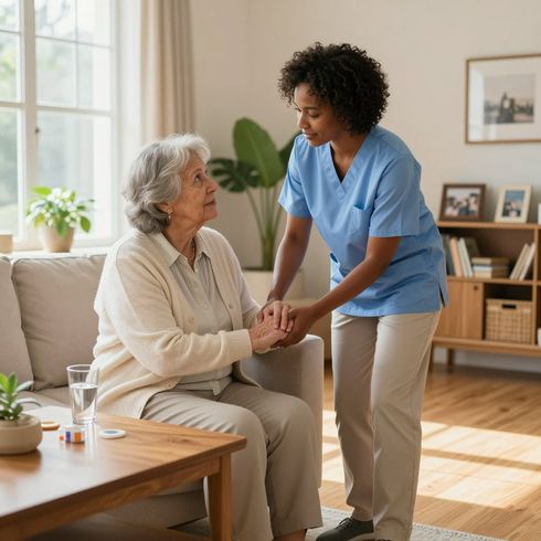 Caregiver assisting a seated senior
