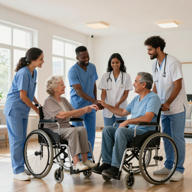 Caregiver talking with a seated senior man