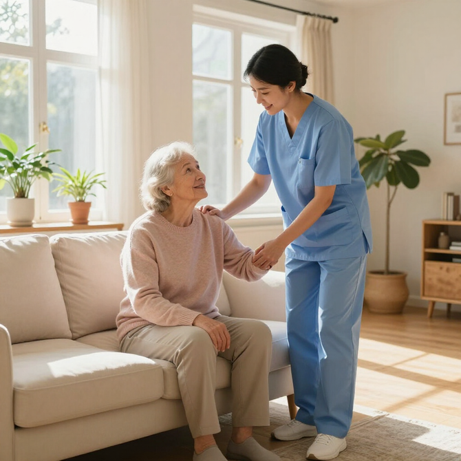 Caregiver comforting a seated senior woman