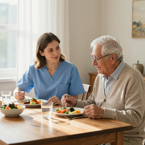 Caregiver sharing a meal and companionship with a senior