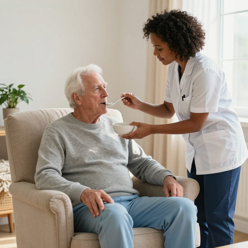 Caregiver assisting a senior man during a meal