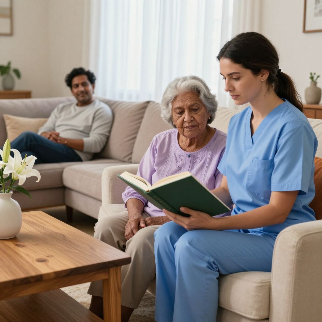 Caregiver reading a book with a senior woman while a family member sits nearby
