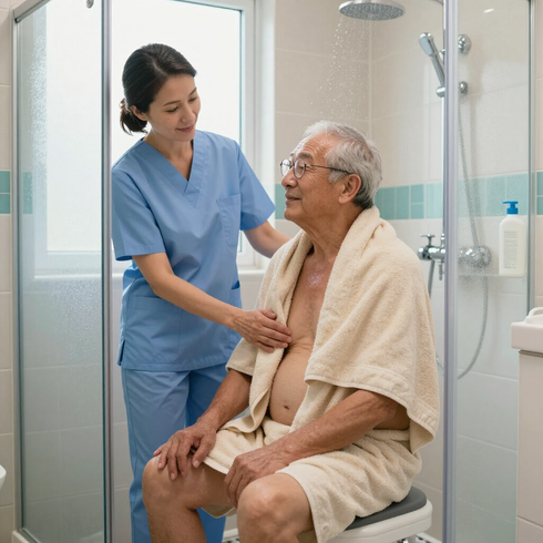 Caregiver assisting a senior with bathing