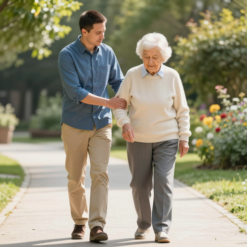 Caregiver helping a senior walk outdoors